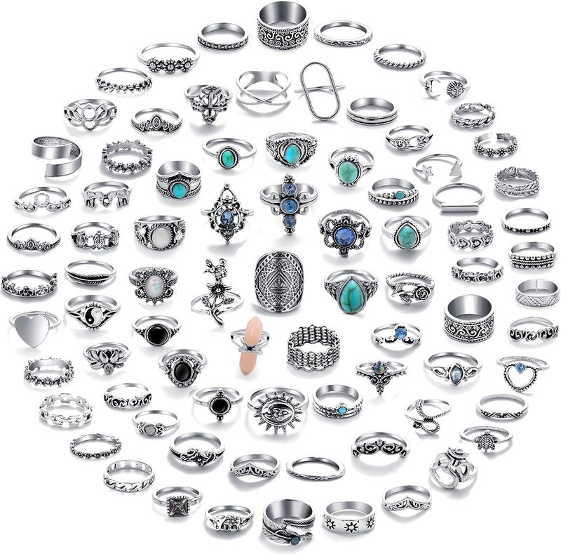 17mile 82 Pcs Vintage Silver Knuckle Rings Set for Women, Bohemian Stackable Joint Finger Rings, Retro Stone Crystal Stacking Midi Rings Pack - Image 1